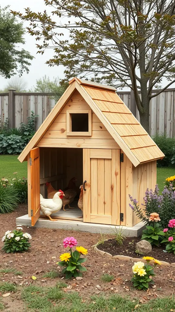 15 Creative Chicken Nesting Box Ideas for Your Coop 8 A wooden A-frame nesting cabin for chickens with an open front and colorful flowers in the garden.