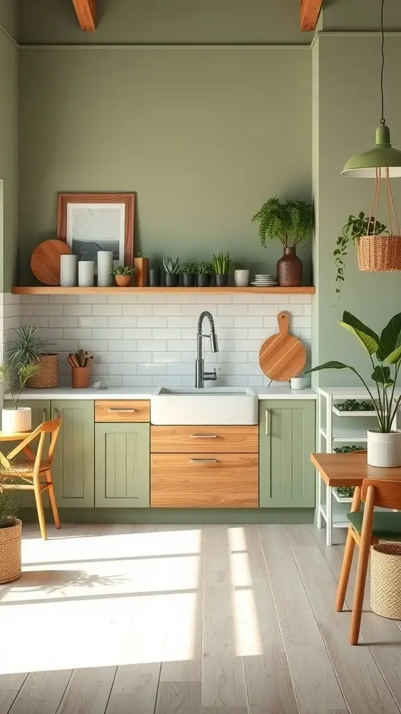 29 Stunning Sage Green Kitchen Cabinet Ideas for a Fresh Look 4 A bright sage green kitchen with wooden accents and plants