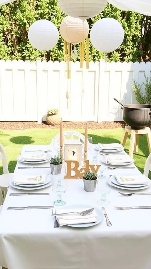 19 Creative Backyard Baby Shower Ideas You’ll Love 6 A beautifully set table for a backyard baby shower featuring white tablecloth, potted plants, and decorative lanterns.