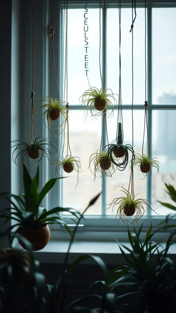 15 Gorgeous Hanging Plants Perfect for Your Windowsill 17 A collection of air plants hanging in front of a window, showcasing a minimalist aesthetic.