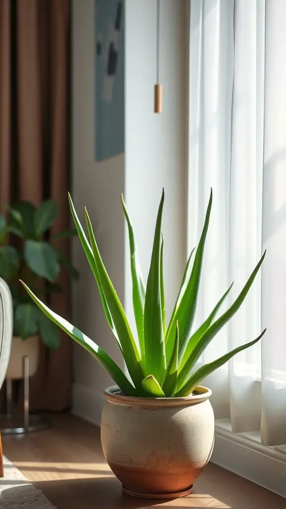 Aloe Vera plant in a stylish pot by the window, adding a touch of greenery to the room.