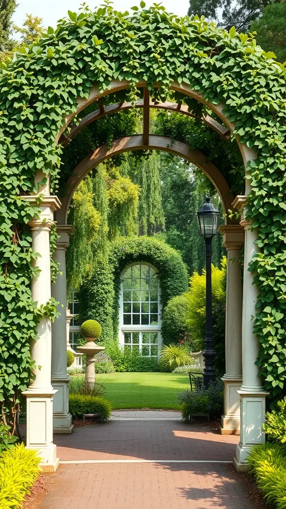 21 Stunning Front Walkway Landscaping Ideas for a Welcoming Entryway 13 A lush green arched trellis covered with vines leading to a garden