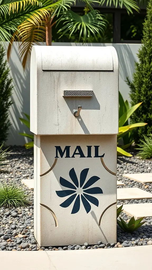 21 Creative DIY Mailbox Post Ideas for a Unique Curb Appeal 15 Artistic concrete mailbox with funky designs surrounded by stones and greenery