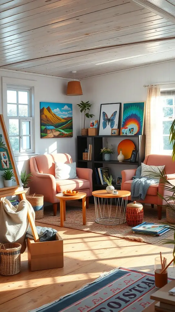 17 Inspiring Mobile Home Living Room Ideas to Transform Your Space 14 A cozy mobile home living room featuring pink chairs, vibrant artwork, and wooden flooring.