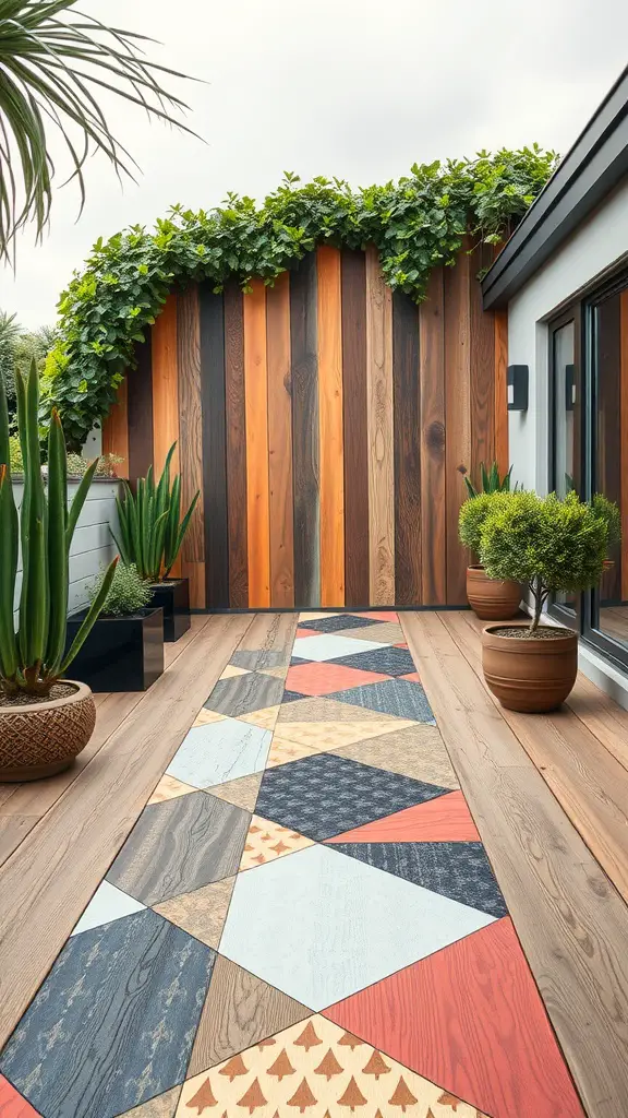 17 Stunning Modern Deck Ideas for Your Outdoor Space 14 A modern deck featuring artistic geometric patterns and vibrant colors