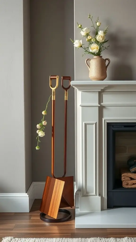 17 Charming Spring Fireplace Decor Ideas with TV Integration 16 Artistic fireplace tool set with wooden handles and gold accents next to a fireplace, accompanied by a vase of flowers.