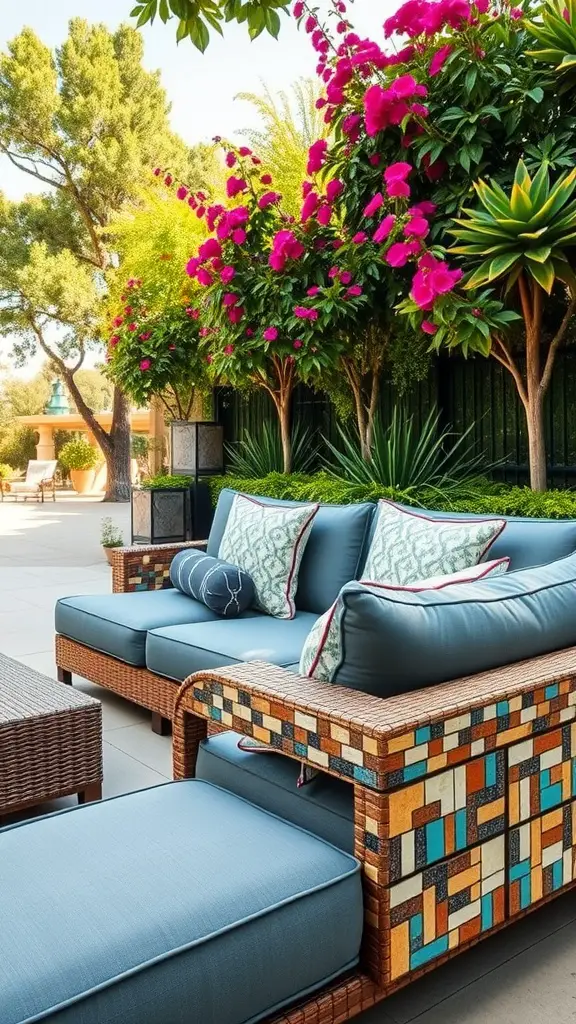 27 Creative DIY Outdoor Sectional Ideas for Your Backyard Retreat 24 A stylish outdoor sectional with a mosaic design and blue cushions, surrounded by vibrant flowers.