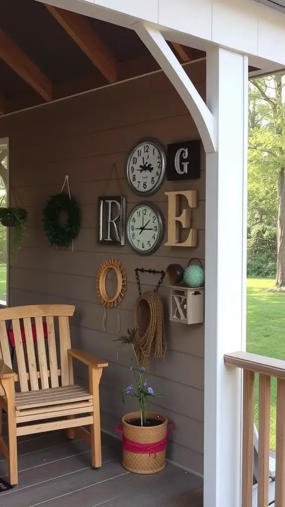 29 Stylish Deck Decorating Ideas You Need to Try 11 A cozy deck featuring various wall hangings including clocks and decorative letters.