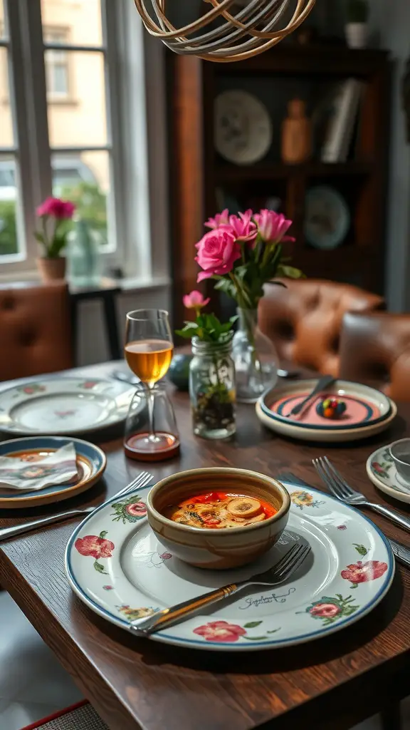 25 Creative Mother's Day Brunch Decor Ideas for Home 18 A beautifully set dining table with artistic plates and serveware, featuring floral designs and a warm bowl of soup.