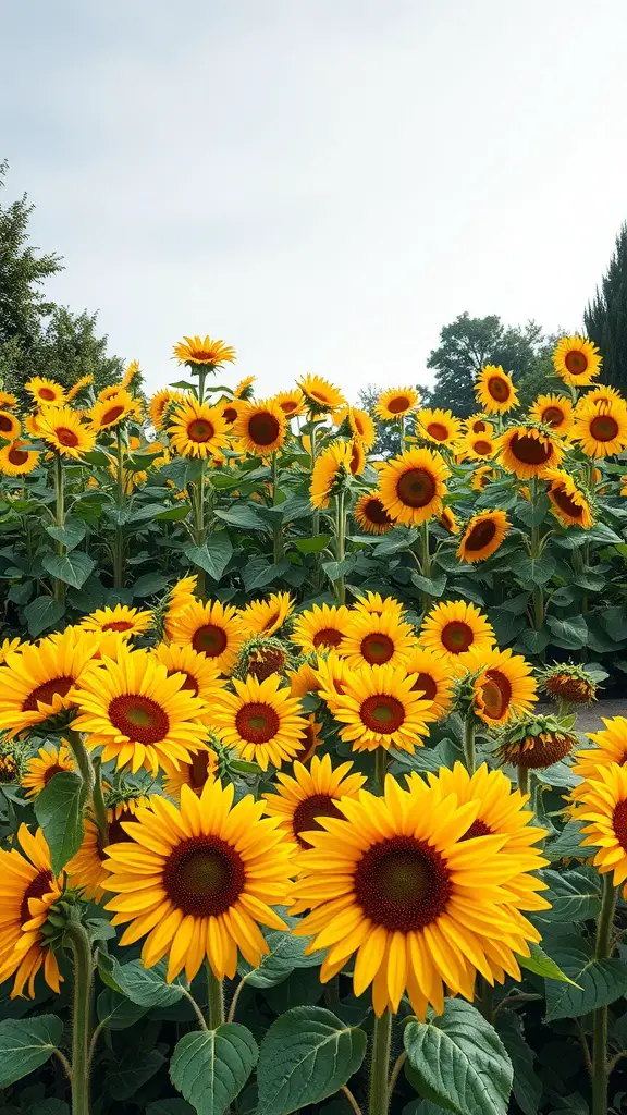 19 Stunning Flower Bed Ideas for Full Sun Gardens 11 A vibrant sunflower bed showcasing tall yellow sunflowers with green leaves under a cloudy sky.