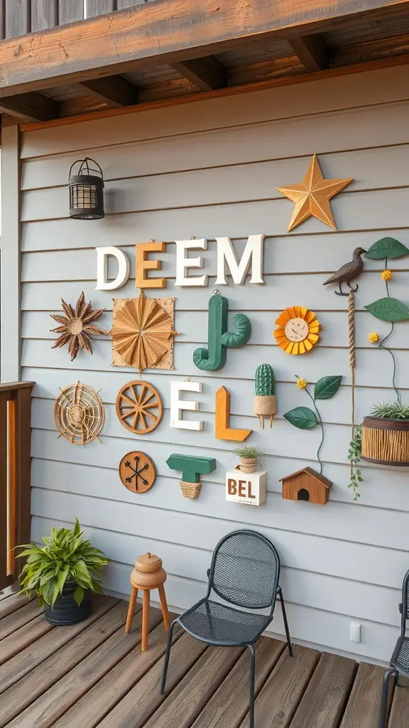 15 Inspiring Outdoor Deck Decorating Ideas to Transform Your Space 13 A decorative wall featuring various artistic elements like letters, flowers, and cacti on a deck.
