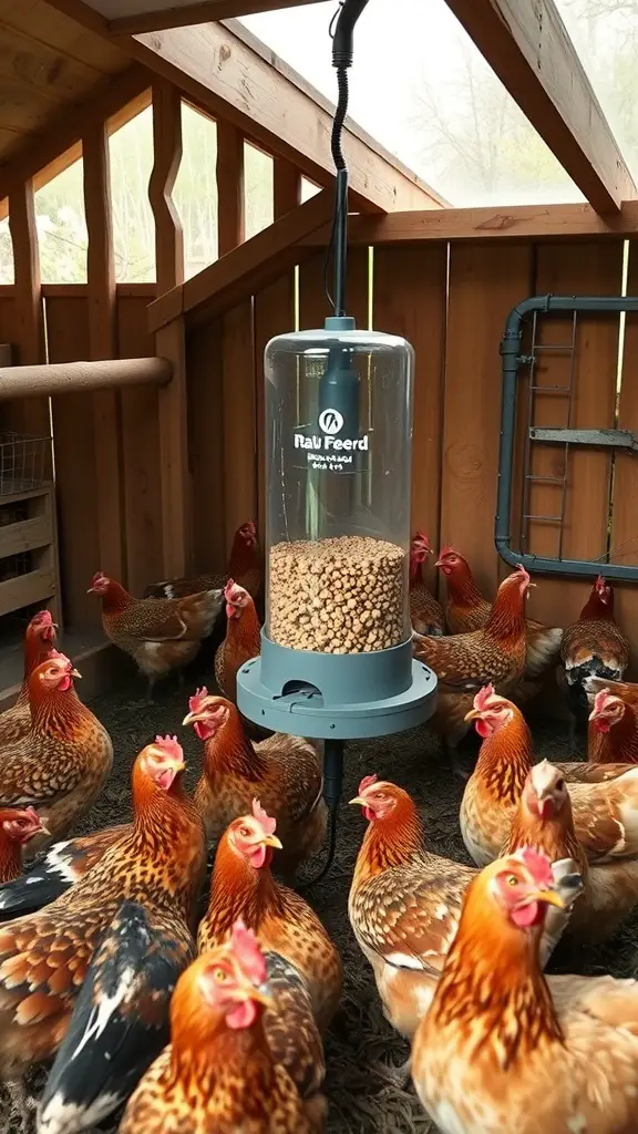 19 Creative Inside Chicken Coop Ideas for Happy Hens 4 A group of chickens in a cozy coop with an automated feeder hanging above.