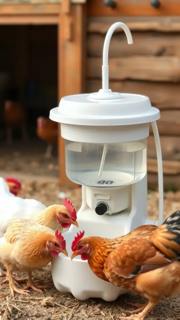 17 Creative DIY Chicken Waterer Ideas for Your Coop 15 Chickens gathered around an automatic waterer with a float system.