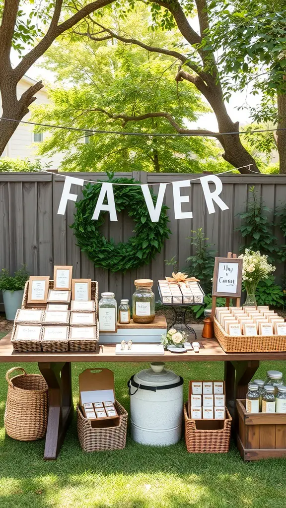 19 Creative Backyard Baby Shower Ideas You’ll Love 10 A beautifully arranged baby shower favors station with various goodies on a wooden table in a backyard setting.