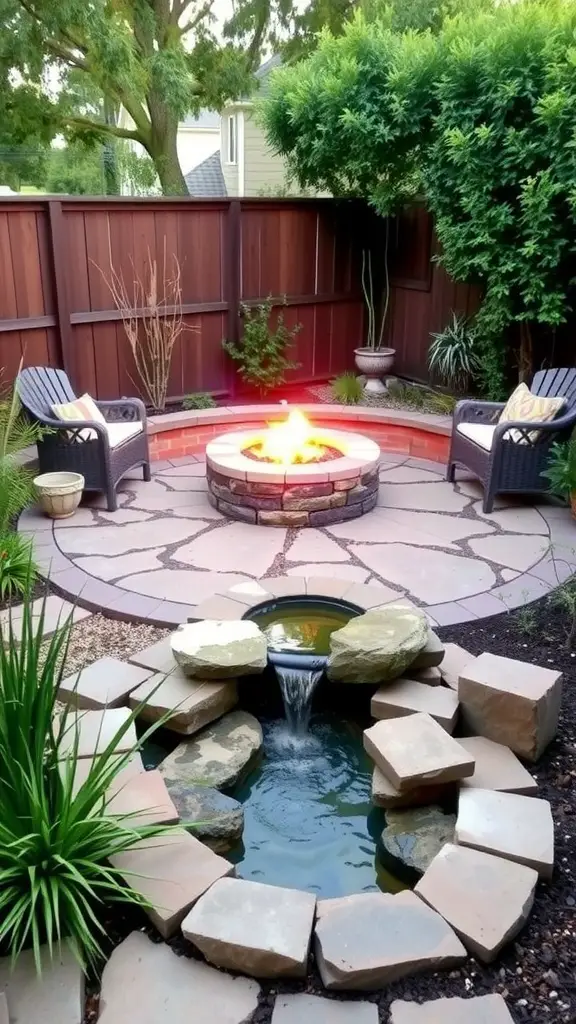 17 Inspiring Backyard Patio and Fire Pit Ideas 13 A cozy backyard featuring a fire pit surrounded by chairs and a small water feature.