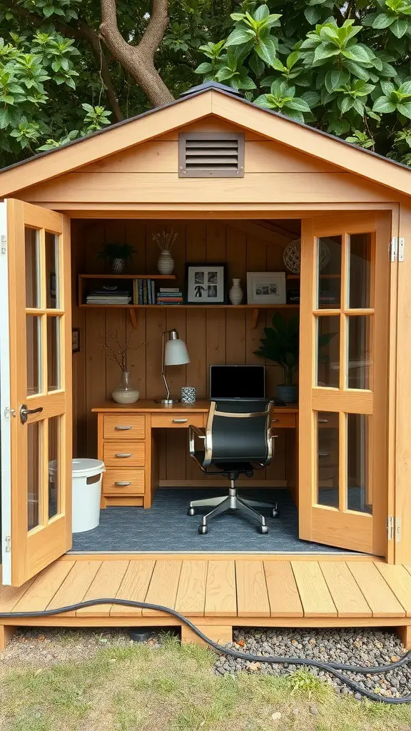 37 Creative Backyard Shed Ideas for Every Style 5 A cozy backyard office shed with wooden doors, a desk, and a chair surrounded by greenery.