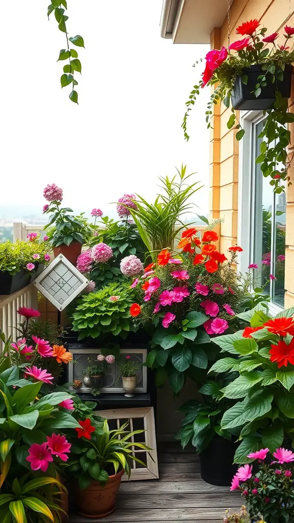 27 Creative Small Garden Plans for Limited Spaces 28 A vibrant and colorful balcony garden filled with various flowers and greenery.