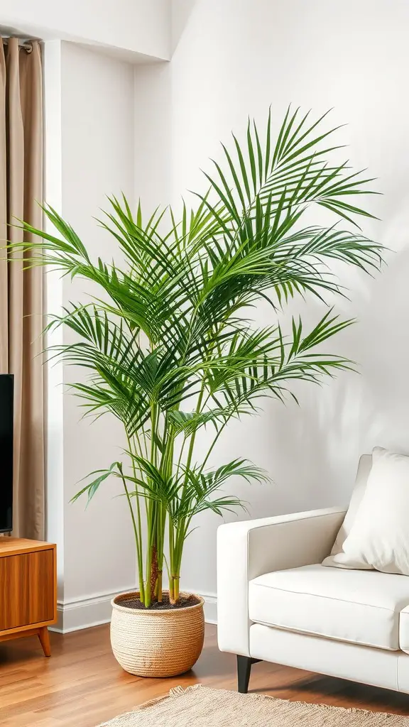 A Bamboo Palm in a cozy living room corner with a white couch and wooden furniture.