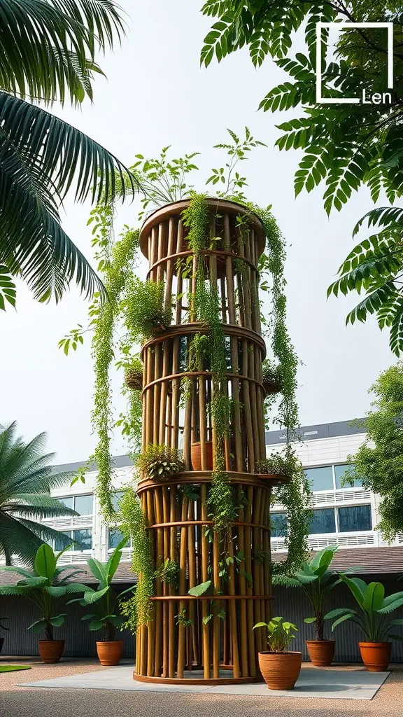27 Creative DIY Plant Stand Ideas for Your Home 11 A tall bamboo plant tower with various plants growing on it, surrounded by greenery.
