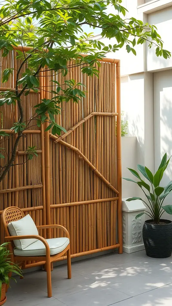 29 Affordable DIY Patio Furniture Ideas for Your Outdoor Space 17 A bamboo privacy screen beside a chair and plants on a patio.