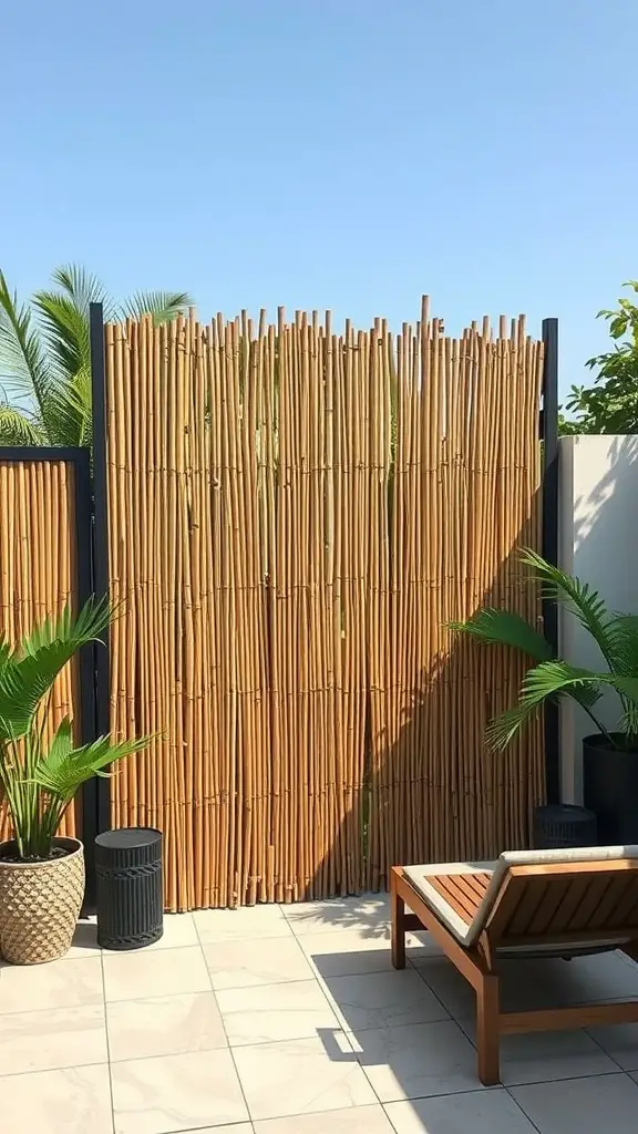 27 Affordable DIY Fence Ideas to Transform Your Yard 4 Bamboo privacy screen in an outdoor setting with a lounge chair and potted plants.