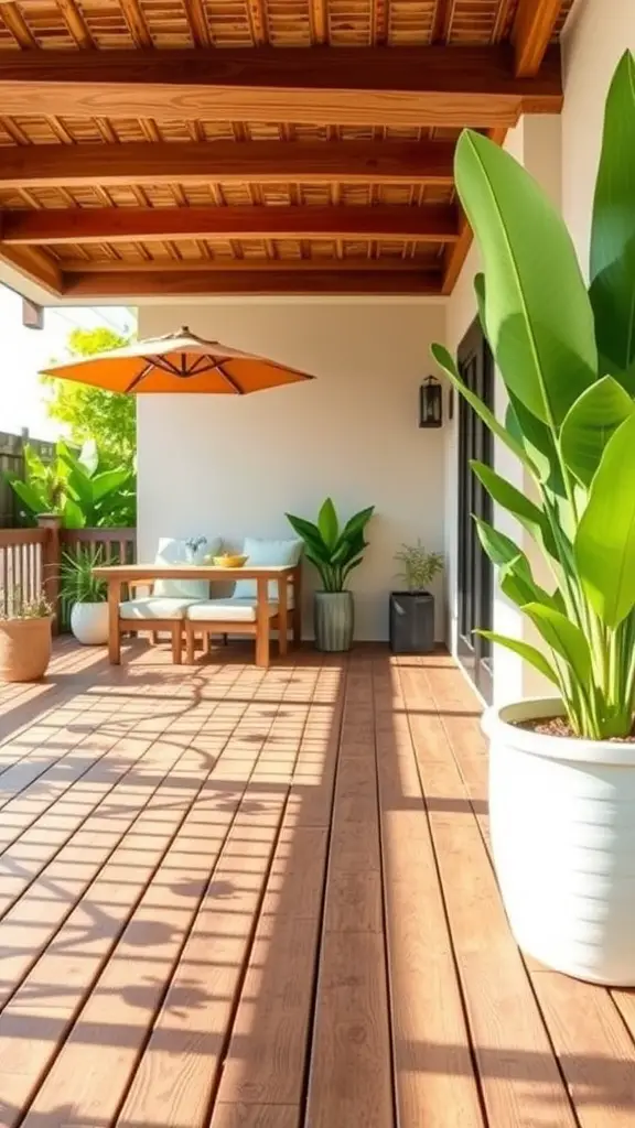 19 Creative Deck Skirting Ideas for Your Outdoor Space 14 A beautifully designed deck with bamboo skirting and lush green plants, creating an inviting outdoor space.