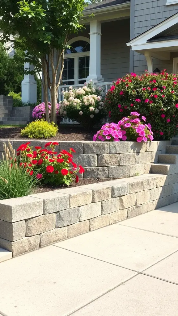 A well-constructed retaining wall in a front yard adorned with colorful flowers and plants