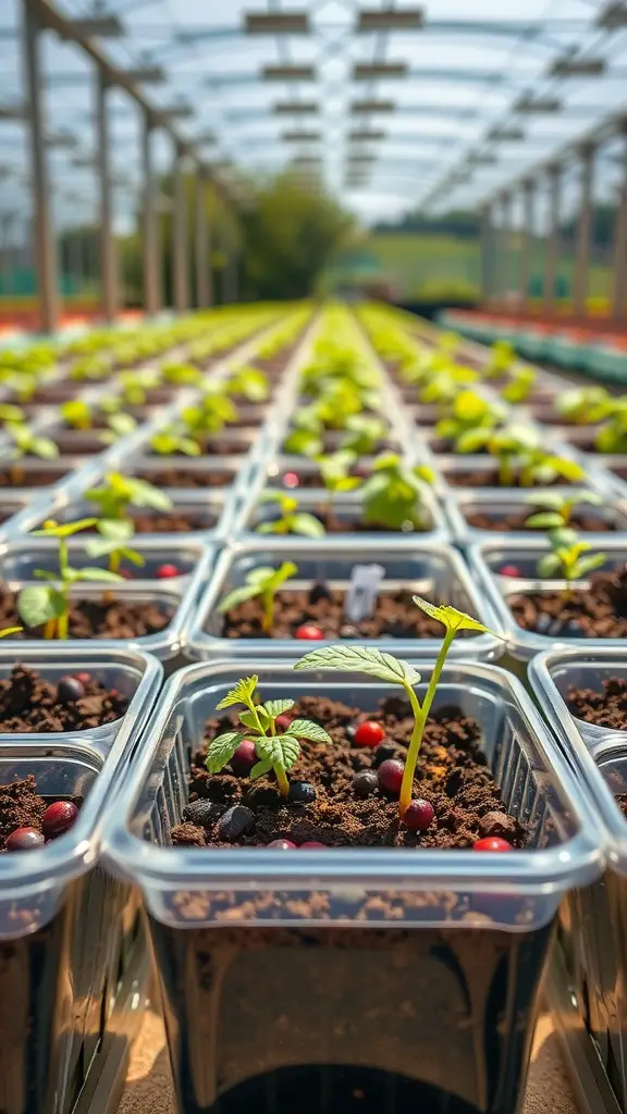 19 Creative Seed Starting Ideas for Your Garden 14 Rows of seedlings growing in berry containers inside a greenhouse.