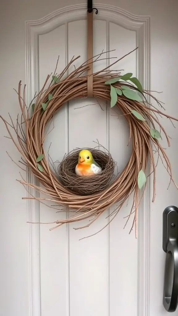 15 Beautiful DIY Spring Wreaths for Your Front Door 17 A Bird's Nest Wreath with a bright yellow bird in a natural twig arrangement.