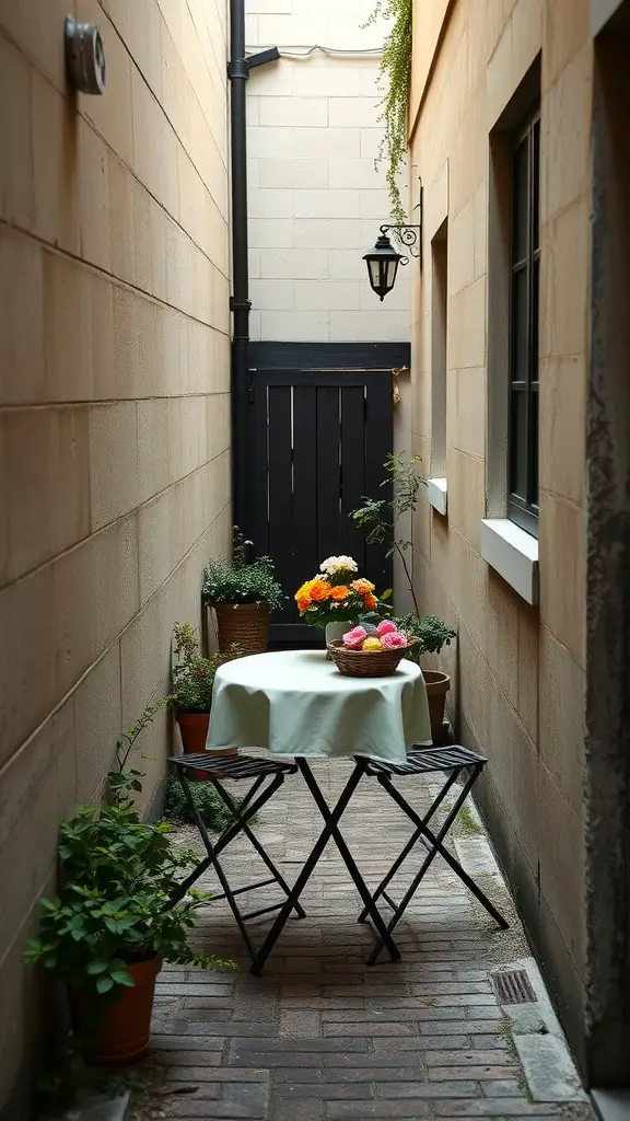 17 Creative Narrow Side Yard Ideas to Maximize Your Space 13 A narrow side yard featuring a small bistro table with flowers and potted plants, creating a cozy dining area.
