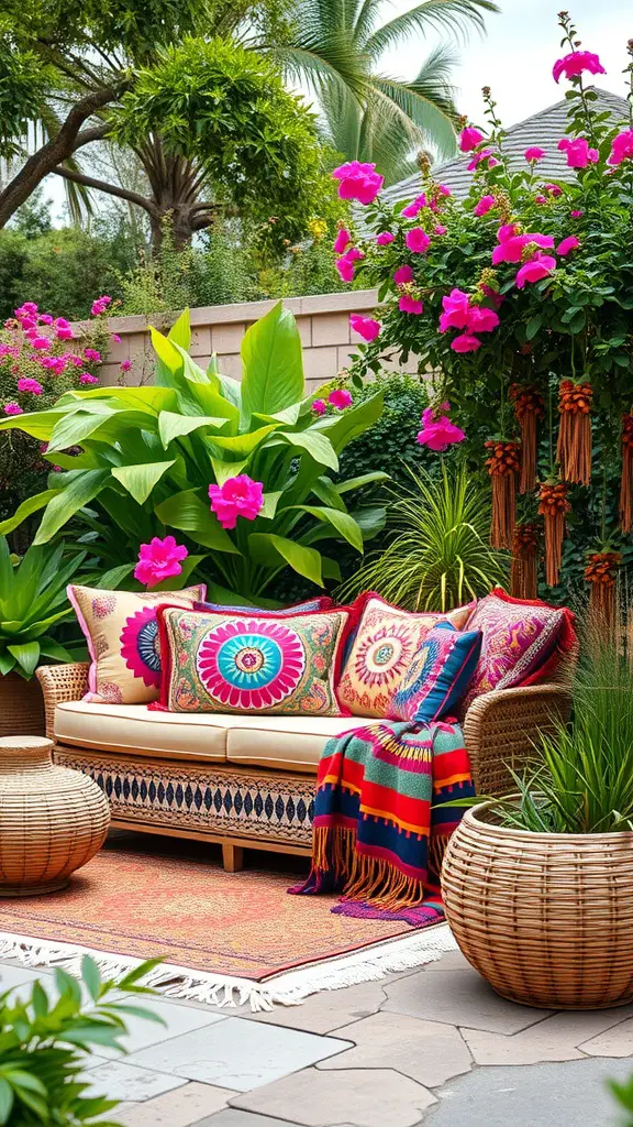 27 Creative DIY Outdoor Sectional Ideas for Your Backyard Retreat 10 A bohemian chic outdoor seating area featuring a colorful wicker sofa with vibrant pillows, surrounded by lush plants and flowers.