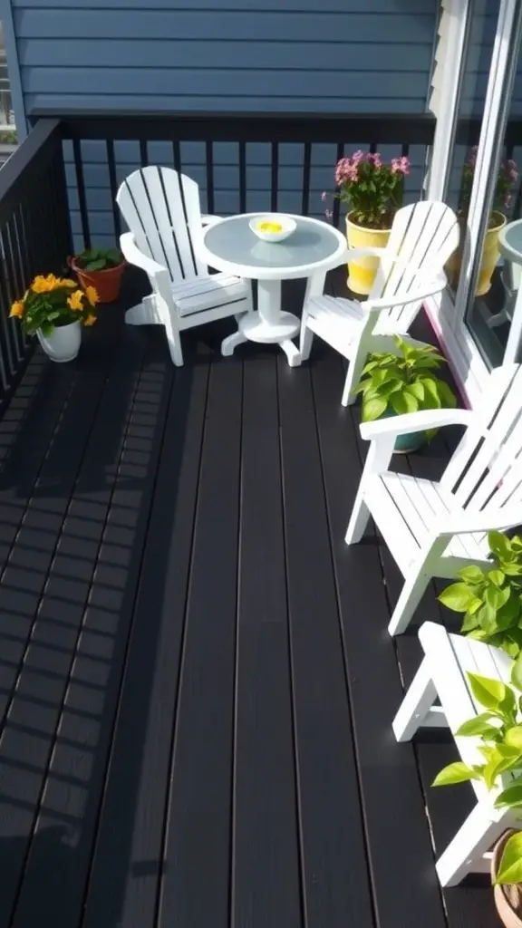 15 Stunning Deck Stain Colors to Transform Your Outdoor Space 2 A black deck with white chairs and potted plants.