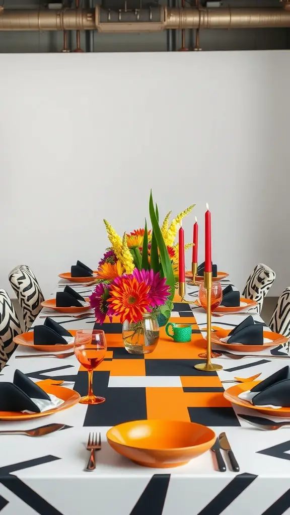 19 Stunning Summer Tablescape Ideas to Elevate Your Outdoor Dining 12 A summer tablescape featuring bold geometric patterns with orange, black, and white designs, vibrant flowers, and red candles.