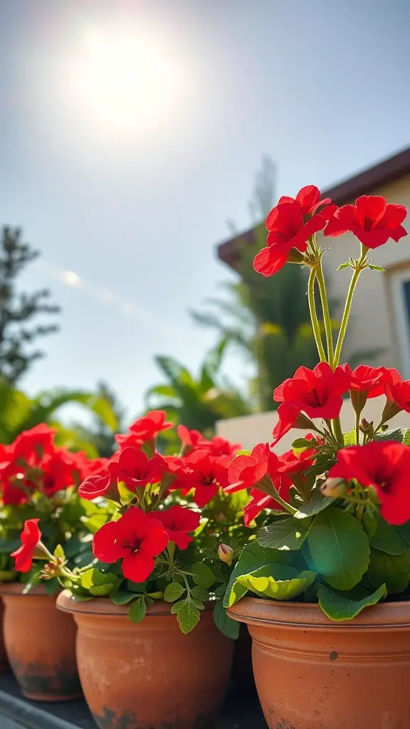 19 Stunning Container Plants for Full Sun Gardens 4 A row of bold red geraniums in terracotta pots under a sunny sky.