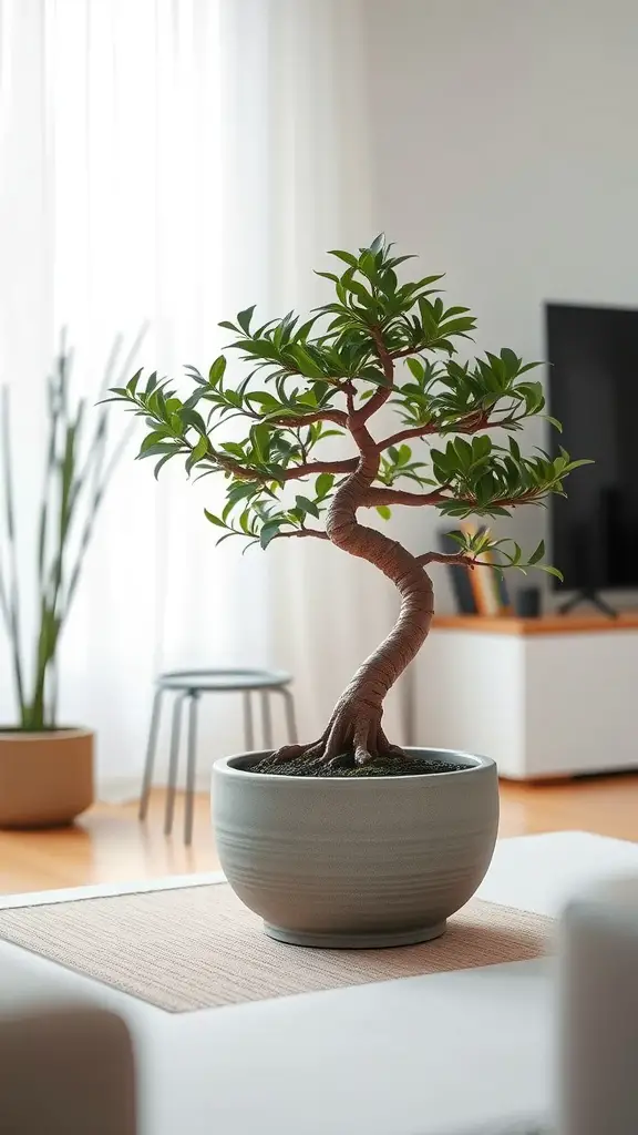 A beautifully shaped bonsai tree in a modern living room setting