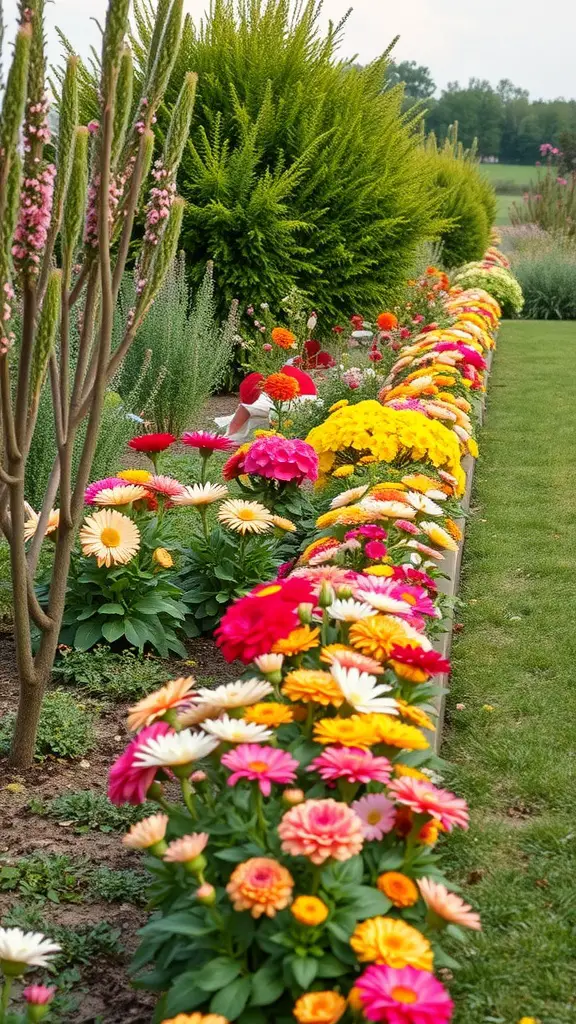21 Beautiful Small Flower Bed Ideas for a Stunning Garden 4 A vibrant border flower bed featuring a variety of colorful flowers lining a pathway.