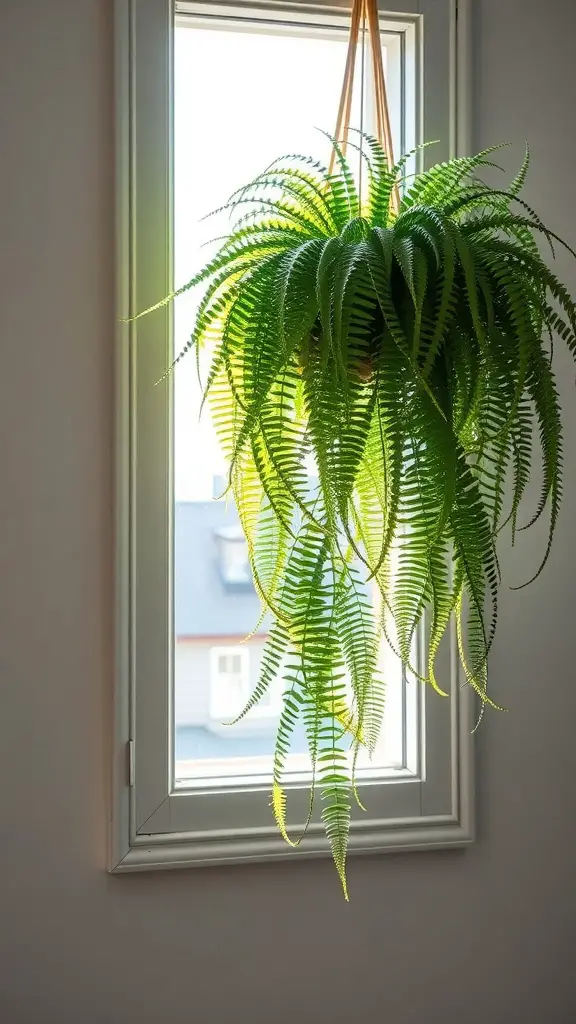 15 Gorgeous Hanging Plants Perfect for Your Windowsill 11 A Boston fern hanging in front of a window, illuminated by natural sunlight.
