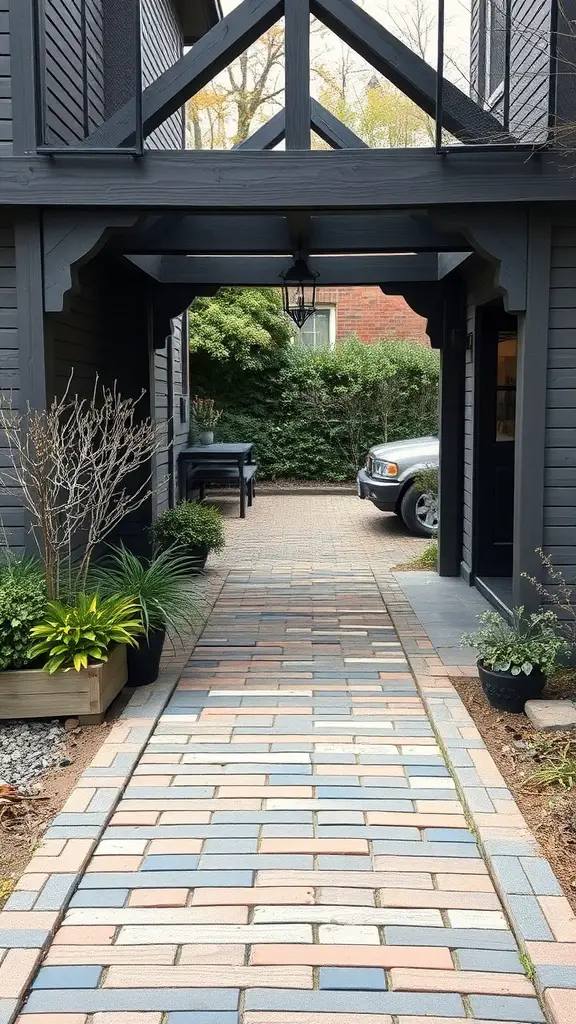 25 Stunning Brick Walkways to Enhance Your Front Door Curb Appeal 17 A brick walkway leading to a front door, surrounded by greenery and wooden architectural elements.