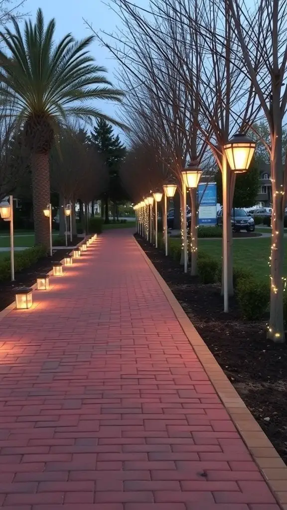 25 Stunning Brick Walkways to Enhance Your Front Door Curb Appeal 28 A beautifully lit brick pathway lined with trees and lantern-style lights.