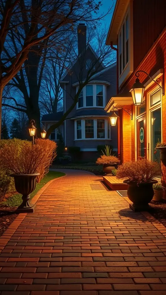 25 Stunning Brick Walkways to Enhance Your Front Door Curb Appeal 12 A brick pathway illuminated by lanterns leading to a front door, surrounded by greenery.