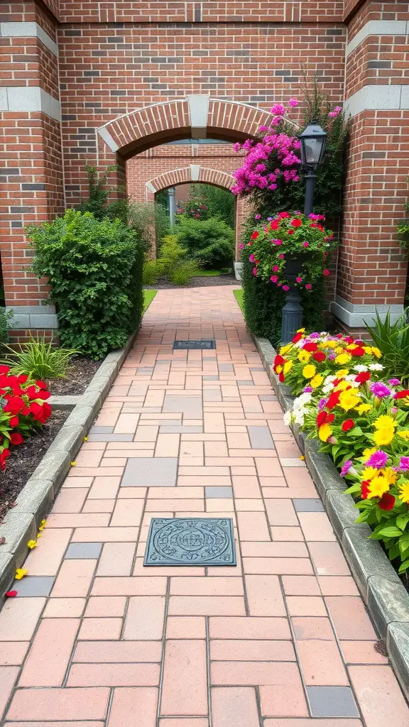 25 Stunning Brick Walkways to Enhance Your Front Door Curb Appeal 6 A view of a brick walkway flanked by colorful flowers and greenery, leading to an archway.