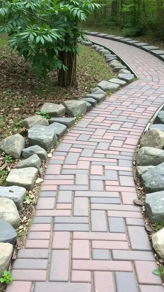 25 Stunning Brick Walkways to Enhance Your Front Door Curb Appeal 26 A brick walkway winding through a natural landscape with stone accents.