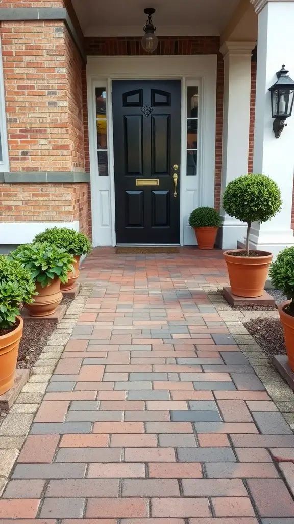 25 Stunning Brick Walkways to Enhance Your Front Door Curb Appeal 18 Brick walkway leading to black front door with potted plants on either side