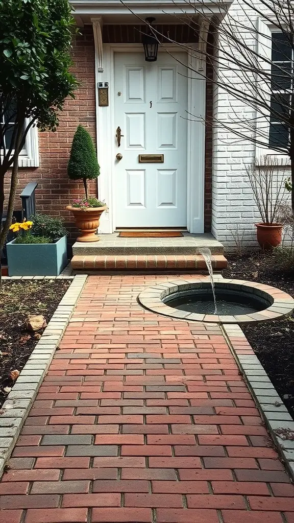 25 Stunning Brick Walkways to Enhance Your Front Door Curb Appeal 20 A brick walkway leading to a white door, with a circular water feature along the path.