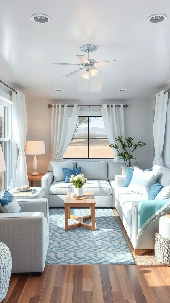 17 Inspiring Mobile Home Living Room Ideas to Transform Your Space 4 Bright and airy living room with coastal vibes