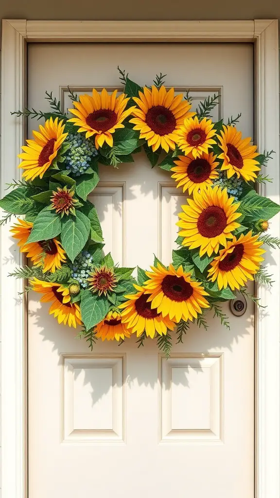 15 Beautiful DIY Spring Wreaths for Your Front Door 5 A bright sunflower wreath on a light door, featuring vibrant yellow flowers and green leaves.