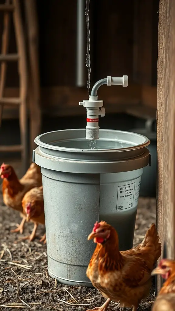 17 Creative DIY Chicken Waterer Ideas for Your Coop 17 A bucket with a float valve for chicken watering, surrounded by chickens in a rustic setting.