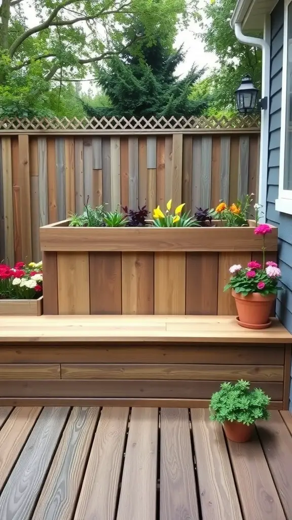 25 Creative Garden Bench Ideas to Enhance Your Outdoor Space 6 A wooden built-in bench with flower planters, surrounded by greenery