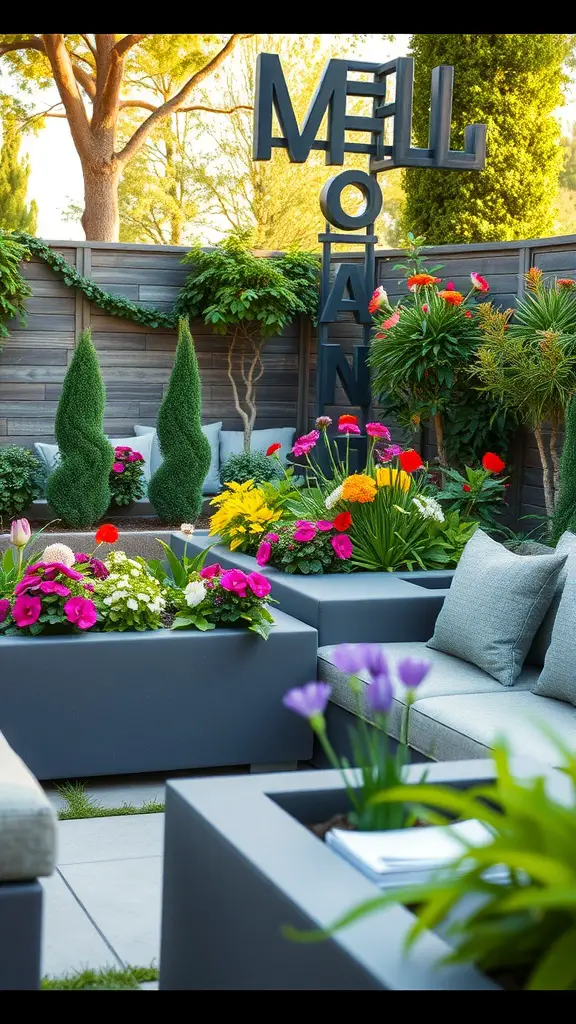 27 Creative DIY Outdoor Sectional Ideas for Your Backyard Retreat 12 A modern outdoor sectional with built-in planters filled with colorful flowers.