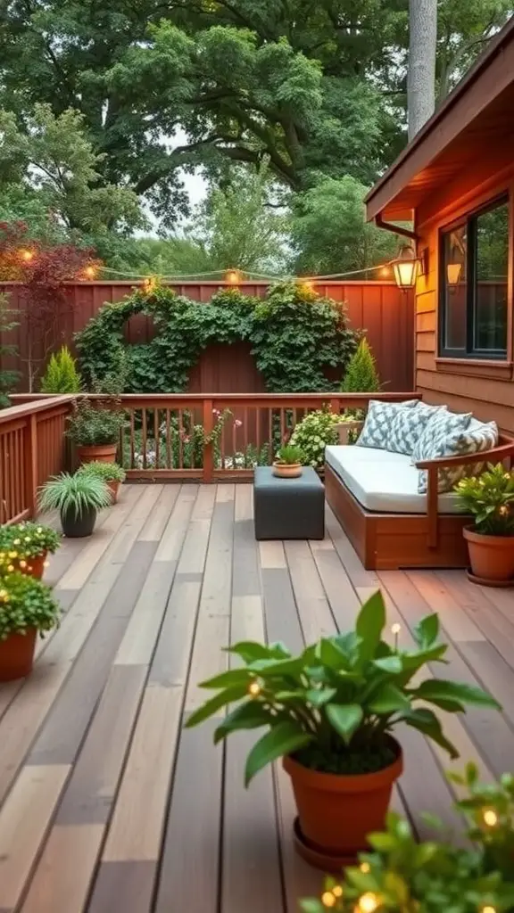 15 Creative Garden Decking Ideas for Your Outdoor Space 2 A cozy garden deck featuring built-in seating with cushions, surrounded by plants and greenery.